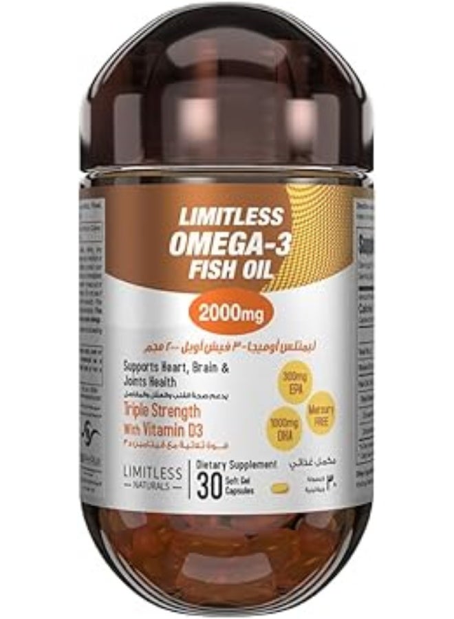 Limitless Omega 3 Fish Oil Capsules, 2000 mg, 30 Capsules - Image 1